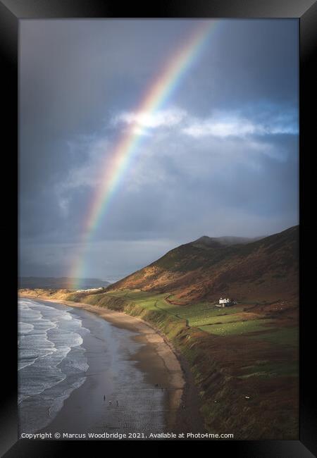 Rainbow at Rhossili  Framed Print by Marcus Woodbridge