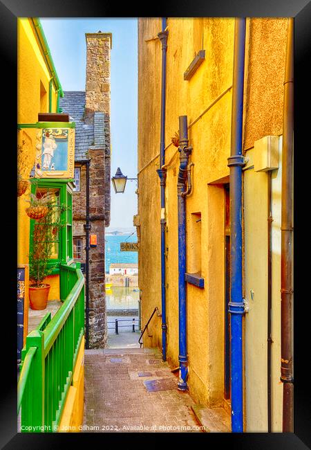 Narrow Colourful Lane to the sea in Tenby Wales Framed Print by John Gilham