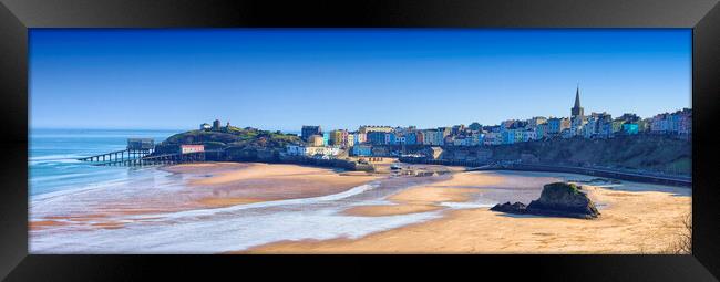 A panoramic view of the harbour and beach and town skyline of Tenby in south Wales UK  Framed Print by John Gilham