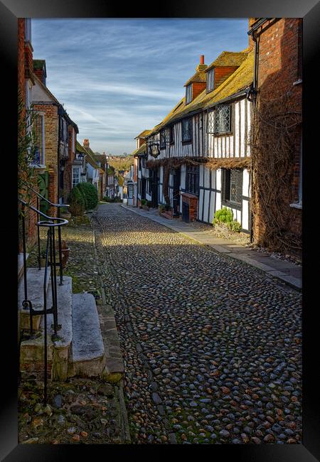 Outdoor narrow cobbled street in Rye Sussex UK Framed Print by John Gilham