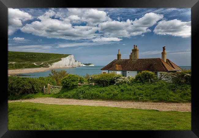 Seven Sisters cliffs and the Coastguards Cottages Sussex Framed Print by John Gilham