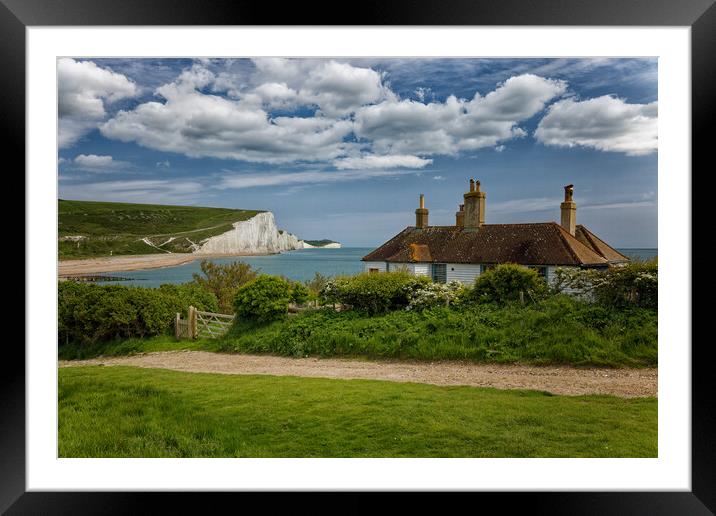 Seven Sisters cliffs and the Coastguards Cottages Sussex Framed Mounted Print by John Gilham