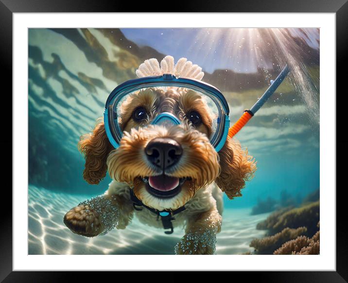 Action Cockapoo Snorkeler Funny Dog Framed Mounted Print by Artificial Adventures