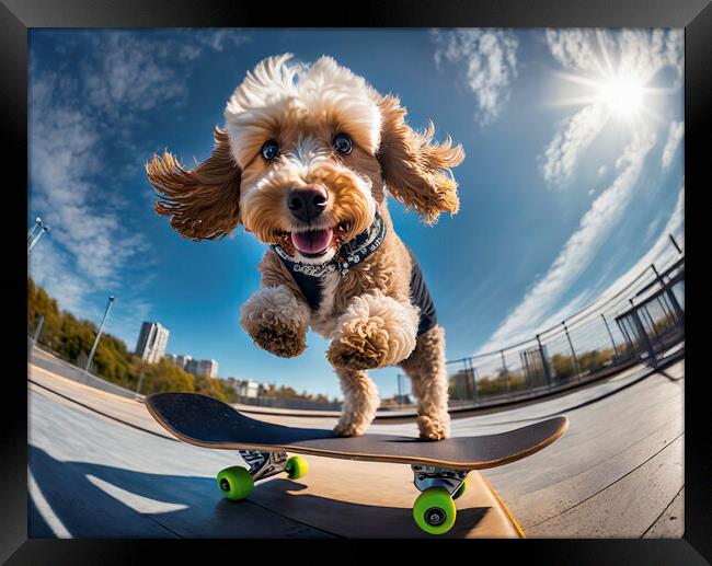 Action Cockapoo Skateboarder Funny Dog Framed Print by Artificial Adventures