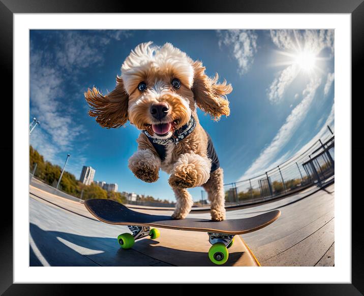 Action Cockapoo Skateboarder Funny Dog Framed Mounted Print by Artificial Adventures