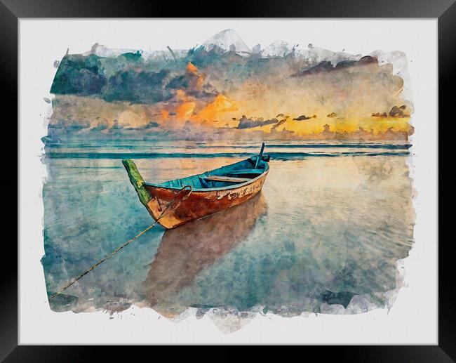 Fishing Boat At Sunset Framed Print by Artificial Adventures