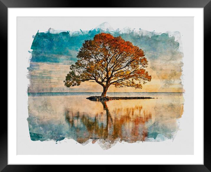 Lone Tree At Sunset Framed Mounted Print by Artificial Adventures