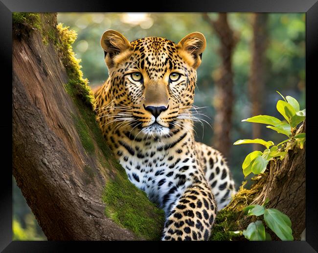 Leopard Awaiting Prey In A Tree Framed Print by Artificial Adventures