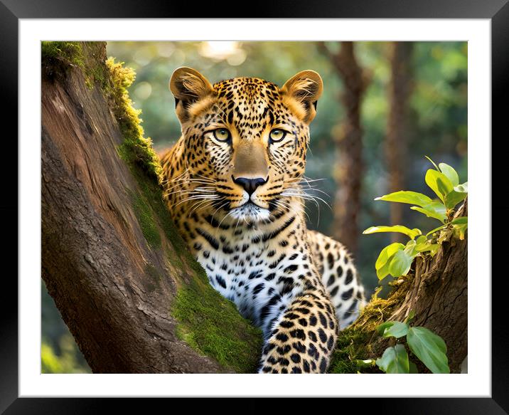 Leopard Awaiting Prey In A Tree Framed Mounted Print by Artificial Adventures