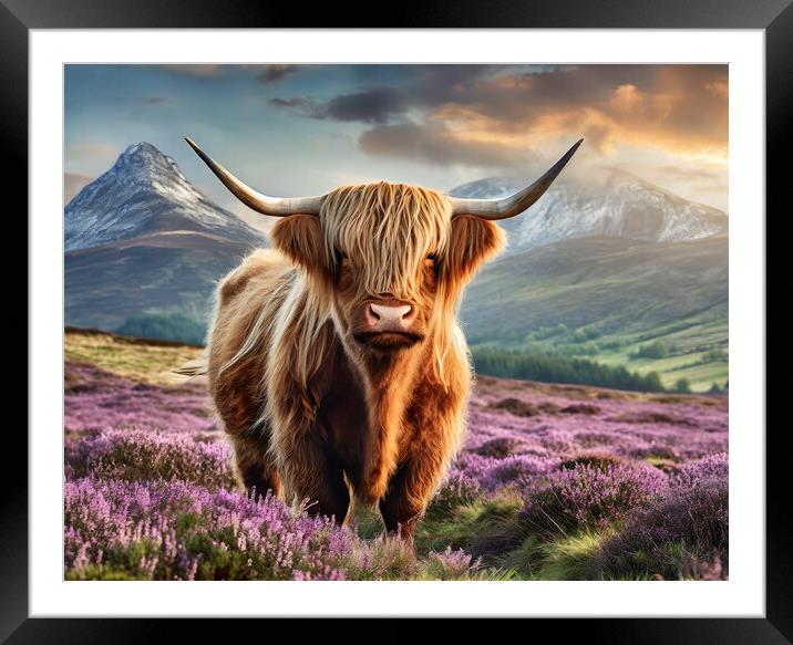 Scottish Highland Cow In Purple Heather Framed Mounted Print by Artificial Adventures