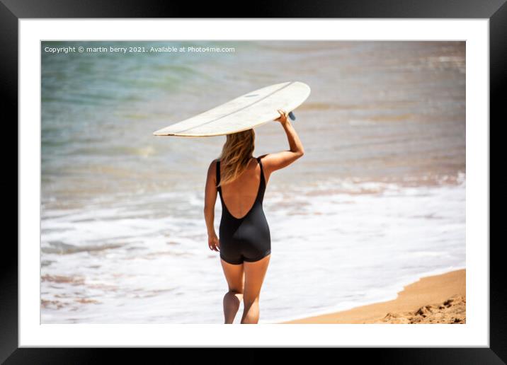 Woman Surfer carrying Surfboard Framed Mounted Print by martin berry