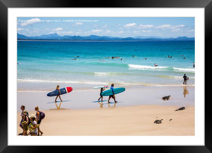 Byron Bay Wategos beach and local surfers Framed Mounted Print by martin berry