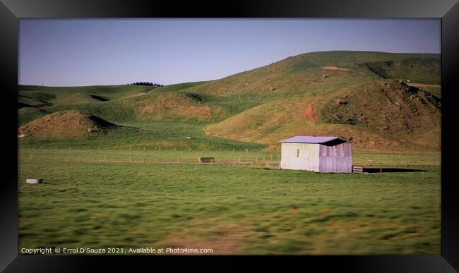 Farm shed in rural New Zealand Framed Print by Errol D'Souza