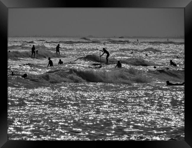 Surfboarders and Swimmers in Silhouette Framed Print by Errol D'Souza