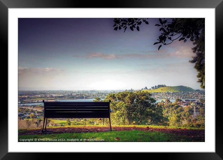 Park Bench Looking out to Mangere Mountain Framed Mounted Print by Errol D'Souza