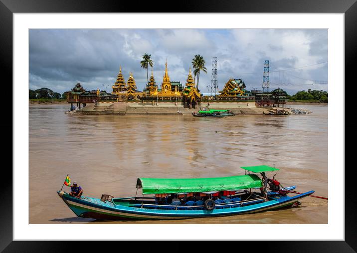 Cross the river by boat to the Midstream Kyauktan Pagoda or Ye Le Pagoda near Yangon in Myanmar Burma Framed Mounted Print by Wilfried Strang