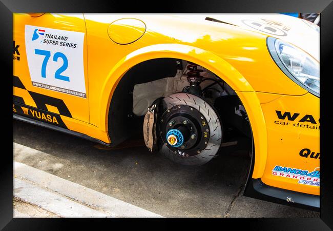 Disc brake of a Porsche touring car as part of the Thai Super Series in Bang Saen Thailand Framed Print by Wilfried Strang