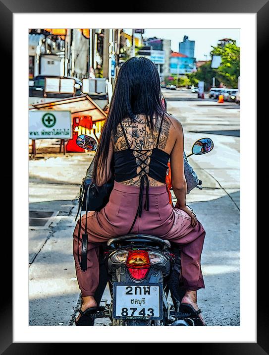 a young tattooed Thai woman on a motorcycle Framed Mounted Print by Wilfried Strang