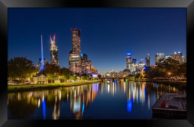 City Night Reflection of Buildings in Melbourne. Framed Print by Maggie Bajada