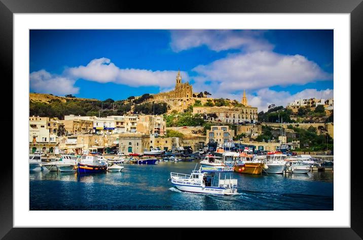 Blue sea with boats in a Harbour Marina of the Mal Framed Mounted Print by Maggie Bajada
