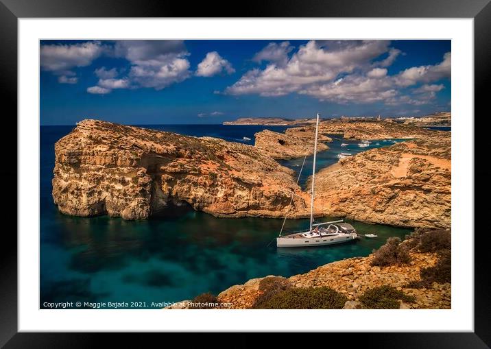 Crystal Blue Coastline with boats of the Maltese I Framed Mounted Print by Maggie Bajada