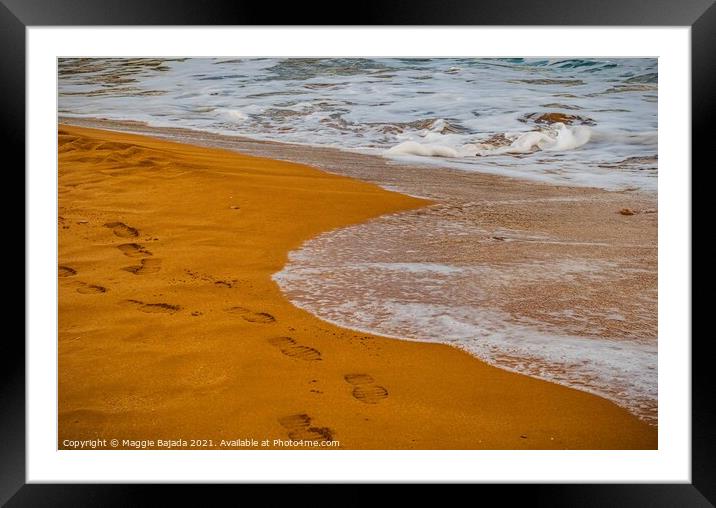 Sea and Red Sand with footsteps Framed Mounted Print by Maggie Bajada