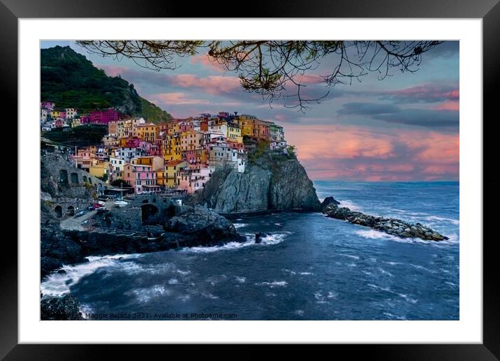 Colorful Picturesque view of Sunset at Manarola, C Framed Mounted Print by Maggie Bajada