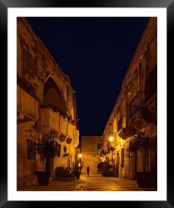 Dramatic Narrow street by Night located in Gozo Ma Framed Mounted Print by Maggie Bajada