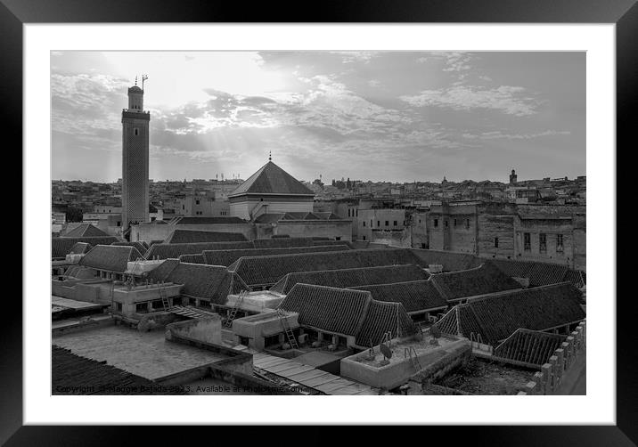 Monochrome-Black and White of Morocco roof top. Framed Mounted Print by Maggie Bajada