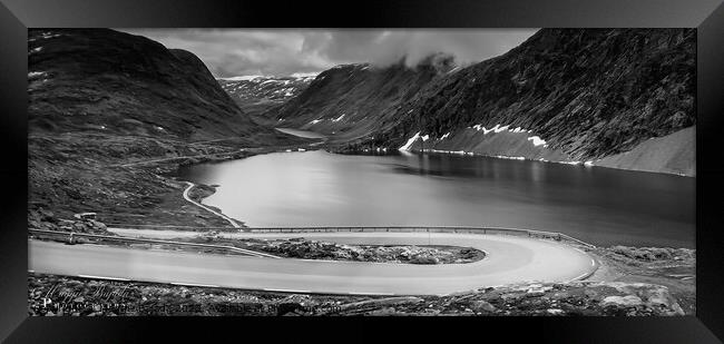 Monochrome /Black and White - Lakes with Mountains and Winding road. Framed Print by Maggie Bajada