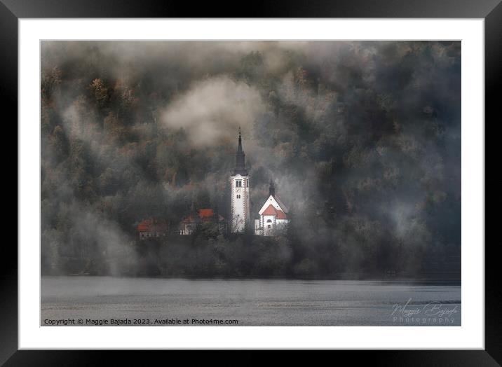 Misty Morning at Lake Bled with Clouds and Trees. Framed Mounted Print by Maggie Bajada