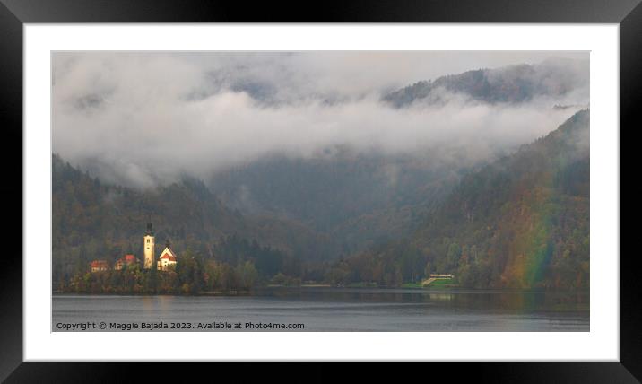 Lake Bled with Mountains and Rainbow. Framed Mounted Print by Maggie Bajada