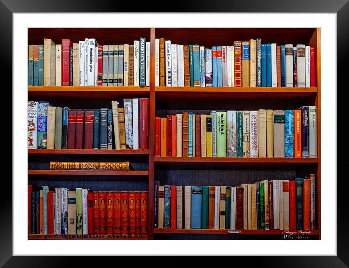 Colorful Library Books on Shelf. Framed Mounted Print by Maggie Bajada