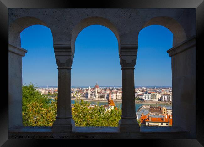 Framed Arch with view of Danube River and Budapest, Hungary. Framed Print by Maggie Bajada
