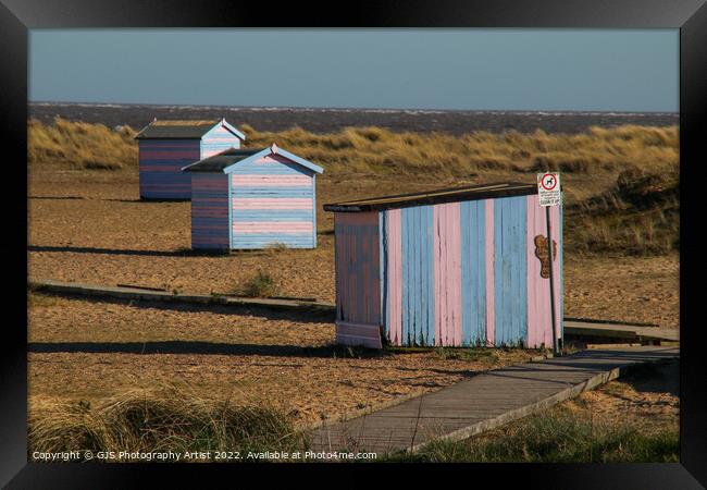 Stripy Beech Huts  Framed Print by GJS Photography Artist
