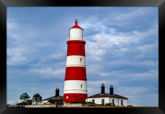 Happisburgh Lighthouse and Buildings Framed Print by GJS Photography Artist