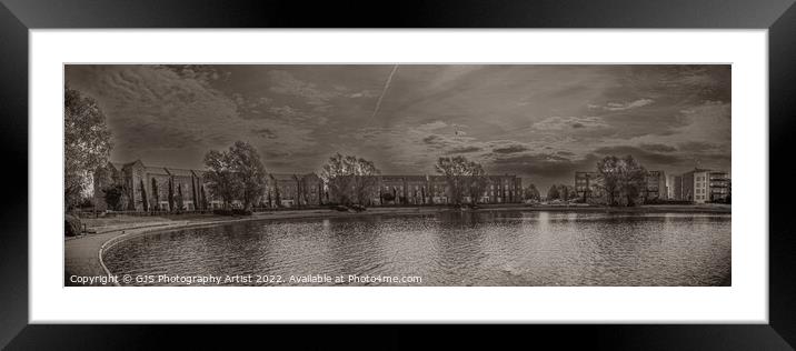 Caldecotte Lake Milton Keynes Panorama Sepia Framed Mounted Print by GJS Photography Artist