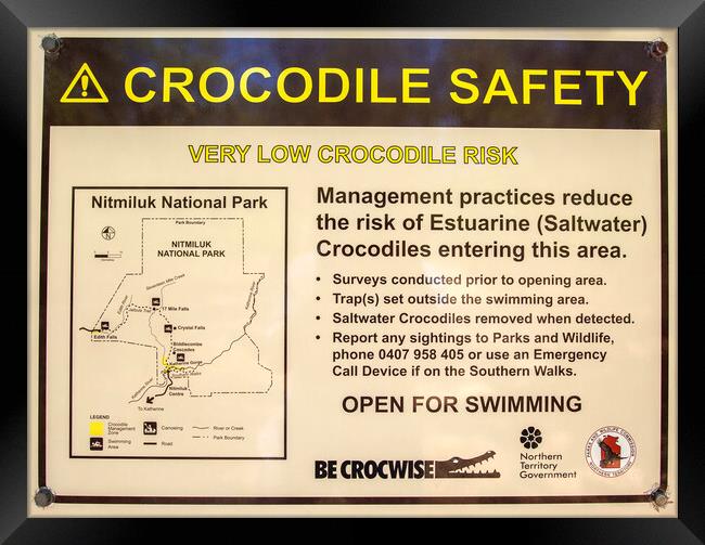 Crocodile Safety Sign in Northern Territory Framed Print by Antonio Ribeiro