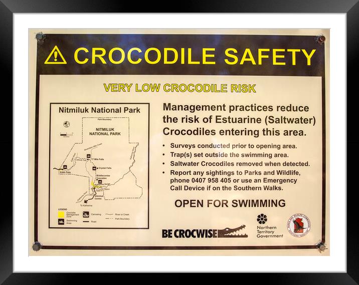 Crocodile Safety Sign in Northern Territory Framed Mounted Print by Antonio Ribeiro