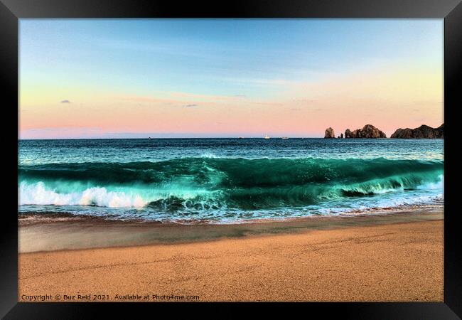 Green Curls, Seaside waves illuminated at sunset, Cabo San Lucas, Mexico Framed Print by Buz Reid