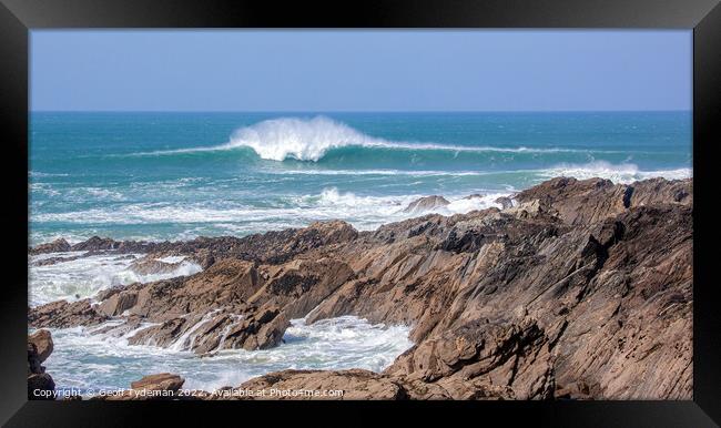 A breaking wave on the Cribbar Reef Newquay Framed Print by Geoff Tydeman