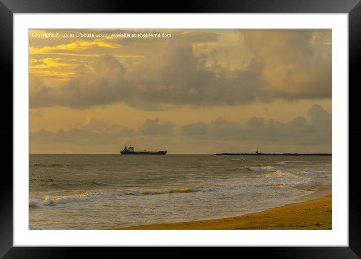 Ship approaching the harbor at sunset Framed Mounted Print by Lucas D'Souza
