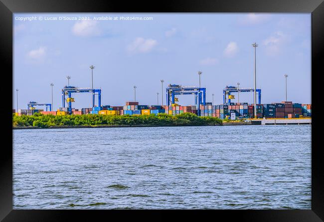 Cranes at a sea port Framed Print by Lucas D'Souza