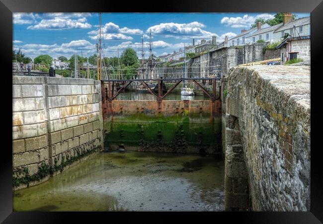 Tranquil Lock Gates of Charlestown Harbour Framed Print by Roger Mechan
