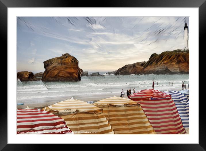 Striped Beach Tents in Biarritz Framed Mounted Print by Roger Mechan