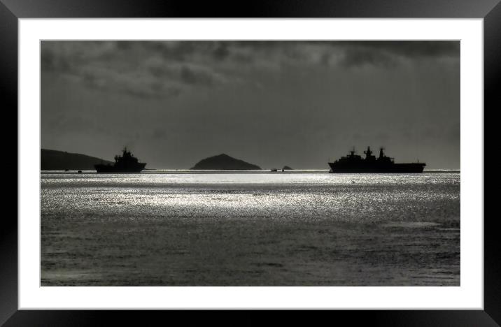 Battle-ready warships in Plymouth Sound Framed Mounted Print by Roger Mechan