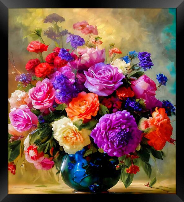 Vibrant Bouquet in Blue Vase Framed Print by Roger Mechan