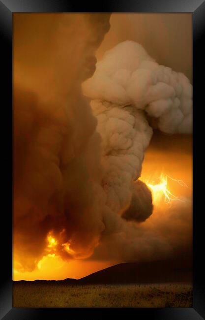 Fiery Volcanic Lightning Strikes Mountain Range Framed Print by Roger Mechan