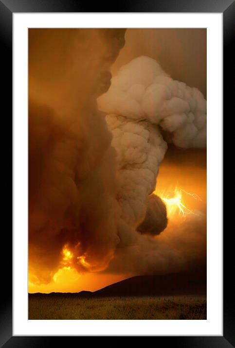 Fiery Volcanic Lightning Strikes Mountain Range Framed Mounted Print by Roger Mechan
