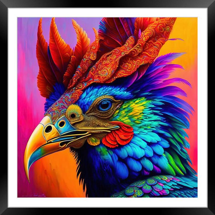 Rainbow Rooster Framed Mounted Print by Roger Mechan